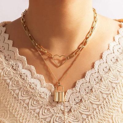 Fashion Jewelry Gift Chain Heart Trendy Lock Pendant Necklace for Women Hollow Multilayer Geometry Sweater Accessories Gifts