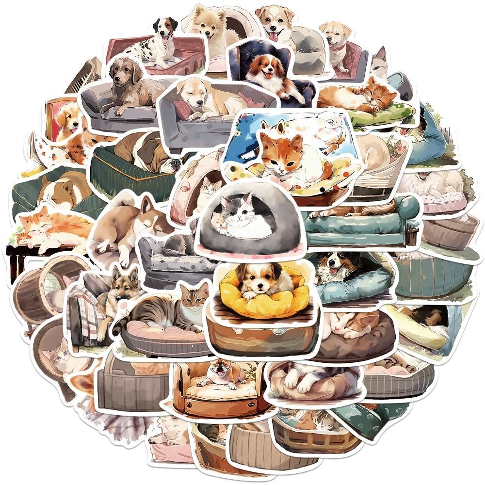 50-Piece Cute Cozy Cartoon Cat & Dog Graffiti Stickers - DIY Waterproof Decor for Guitars, Notebooks, Luggage, Phone Cases