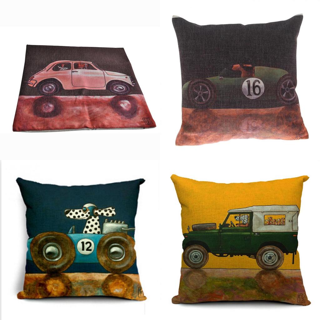 Vintage Car Dog Print Pillow Case In Beautiful Cotton Linen For Stylish Home Decor