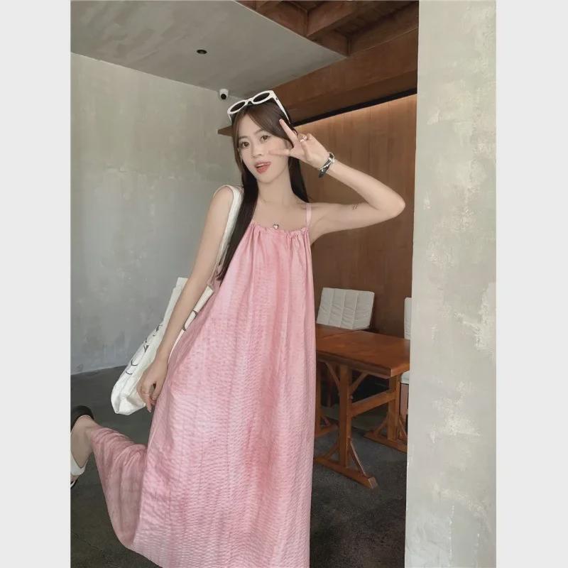 Halter Neck Pink Suspender Long Skirt - Women's Summer Beach Vacation Dress