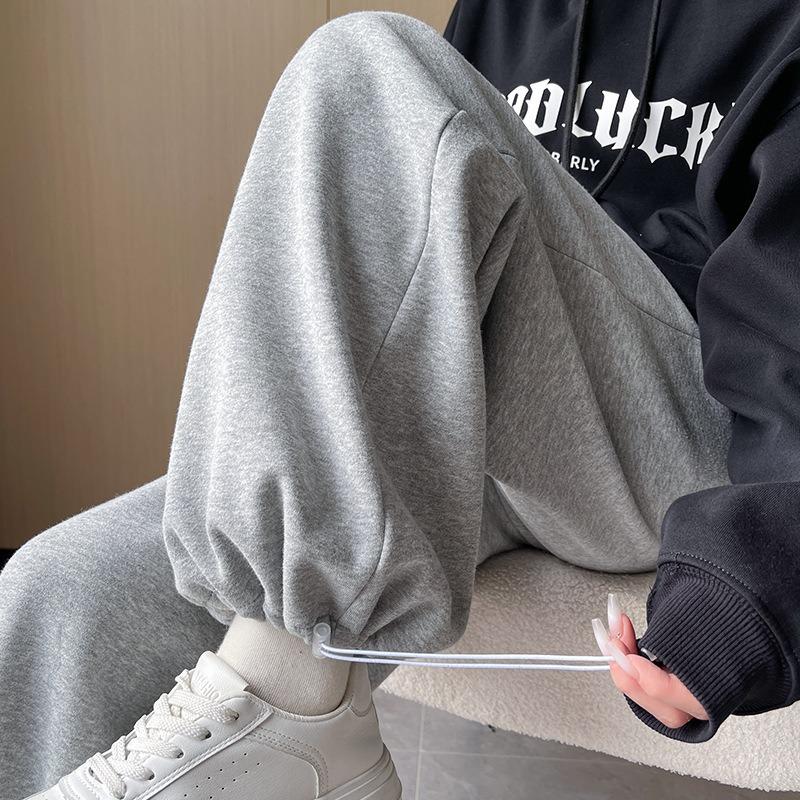 Sweatpants women's autumn and winter new velvet loose tied feet straight gray sweatpants casual thickened wide-leg pants