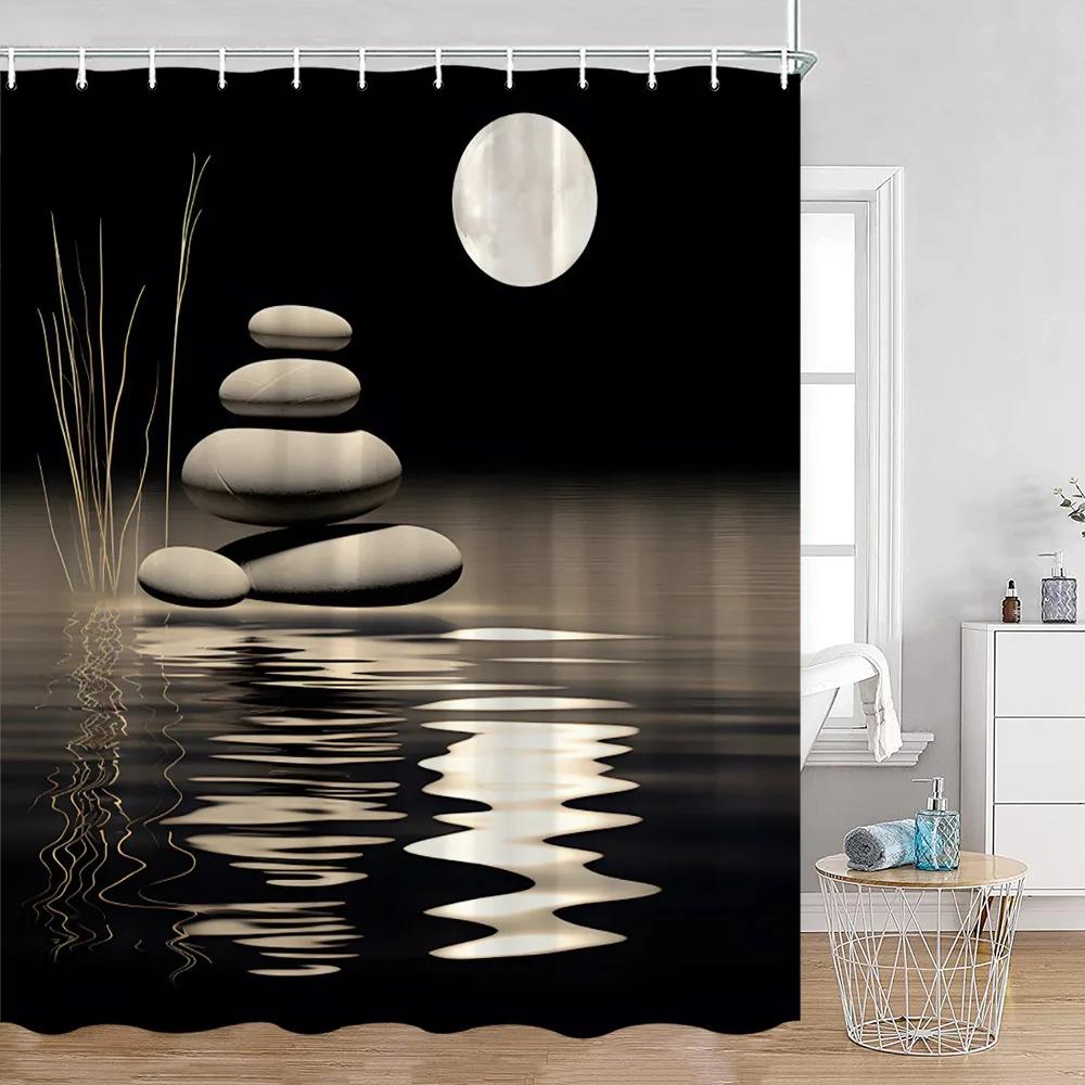 Zen Shower Curtains Black Stone Green Bamboo Lotus Spa Candle Purple Orchid Natural Leaf Bathroom Curtain Meditation Bath Decor