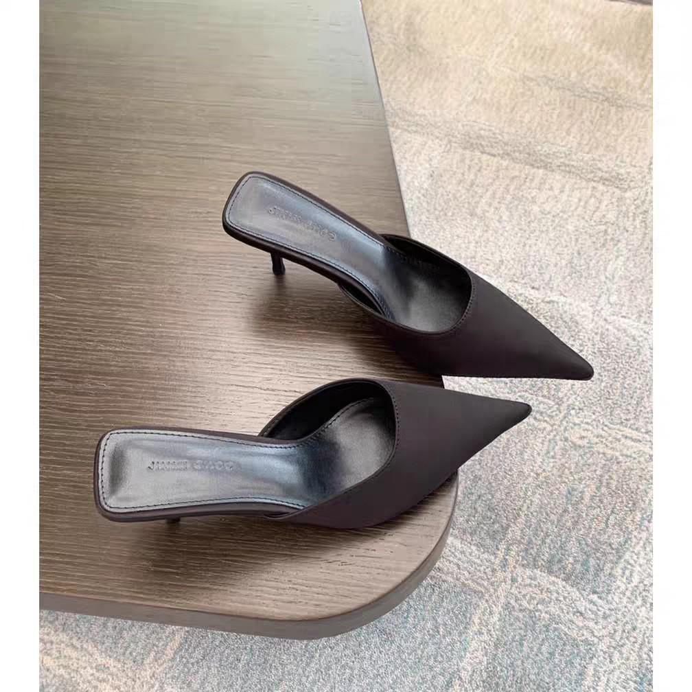 Europe, America and Foreign Trade 2025 Summer New Large Size Solid Color Fashion Pointed Bag Head Low Heel Half Drag Women's Thick Heel Cool Slippers