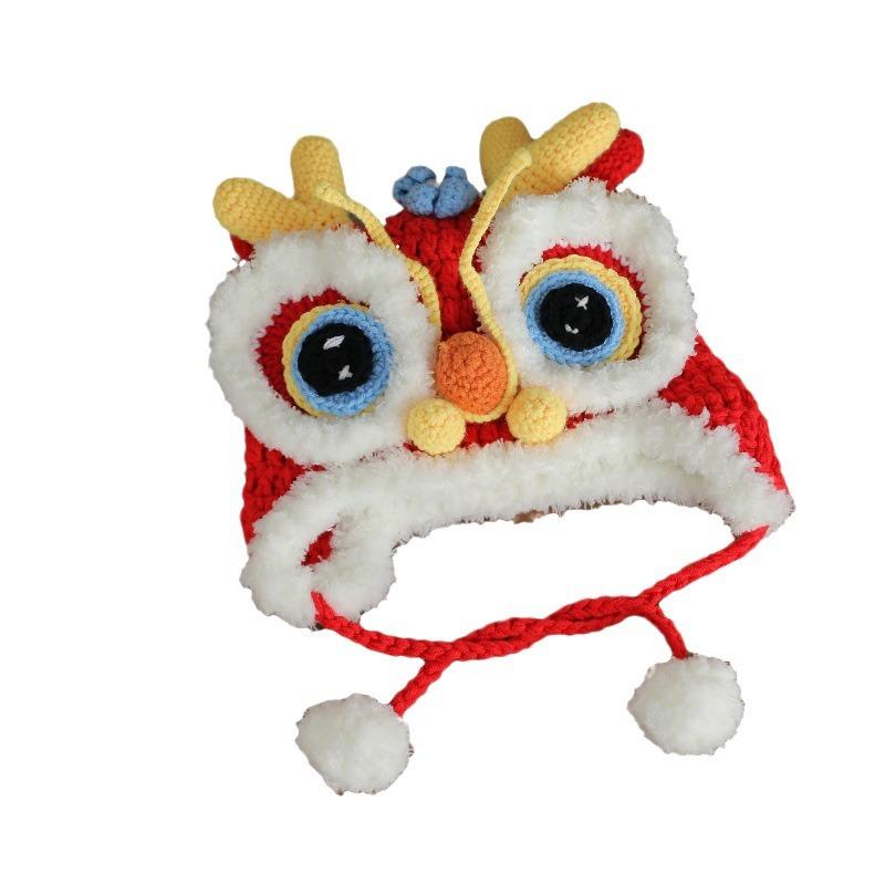 National Dragon Awakening Lion Hat Red Ear Protection Knitted Handmade Warm Festive Parent-Child Common Unisex 100% Image