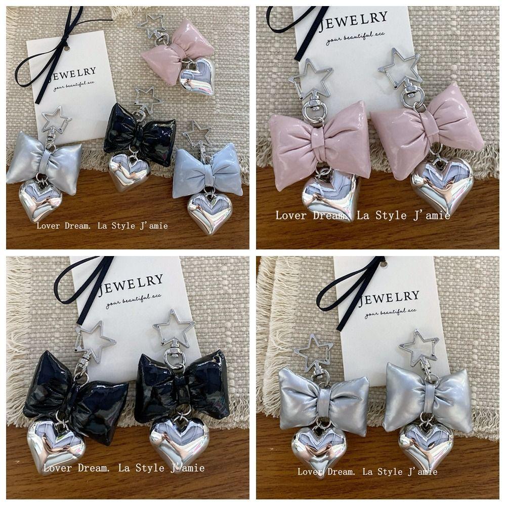 

Silver Heart Phone Chains Keyring Bowknot Bag Pendant Pu Leathe Bow Keychain Gift Jewelry