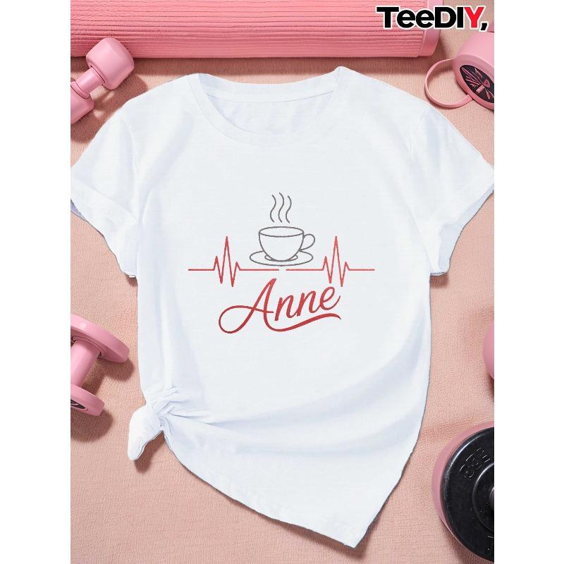 

Women S Plus Size Coffee Cup & Heartbeat Anne Graphic T-Shirt - Dark Grey with Red Lettering, Casual Round Neck Short Sleeve Top, S белый
