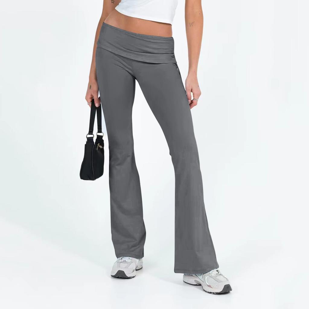 Women's Fashion Drawstring Solid Colour Mid Waist Skinny Flared Pants High Stretch Casual Pants