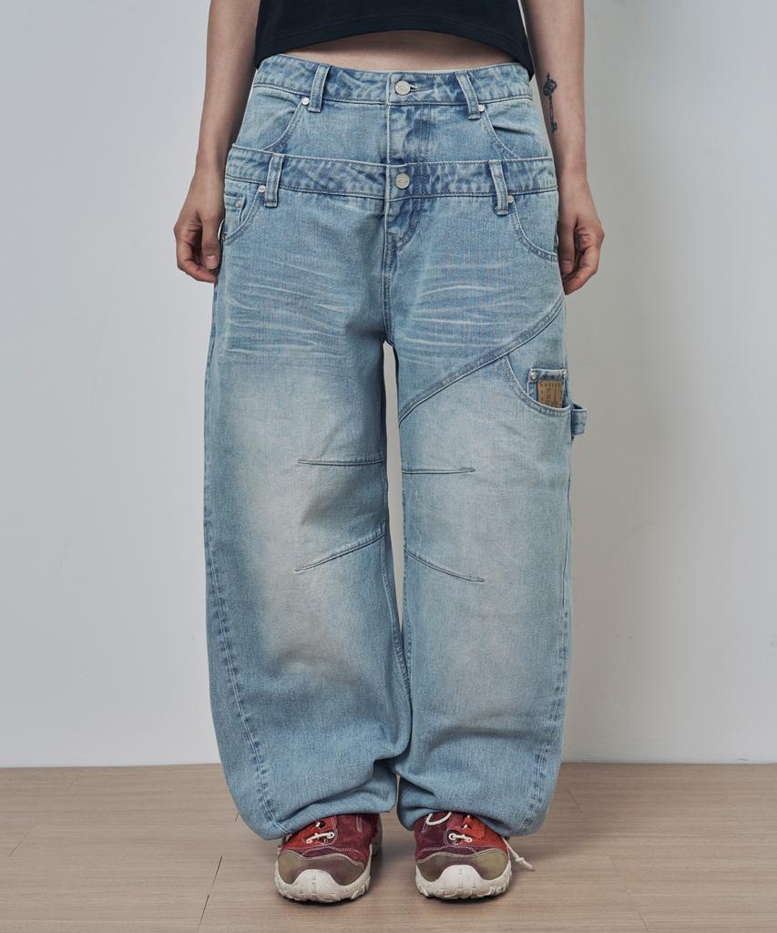 Lujeoseukeulleob Layered Leather Patch Curved Wide Denim Pants Light Blue