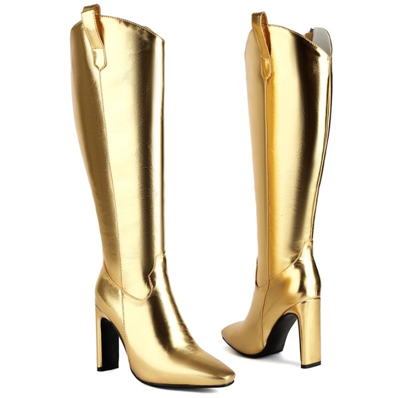 Fashion Women's Knee High Boots Sexy Point Toe Winter Shoes Black White Gold Heeled Long Boot Ladies Party Dance Shoes Large Size 45 48