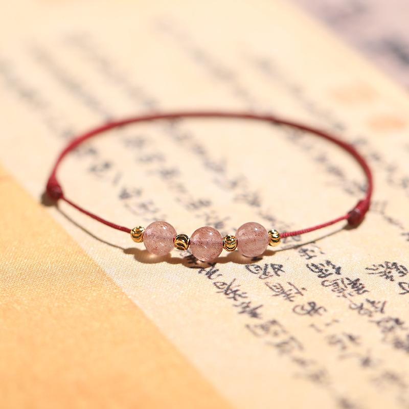 Pink crystal red string bracelet for women, niche design, strawberry crystal good luck bracelet and anklet