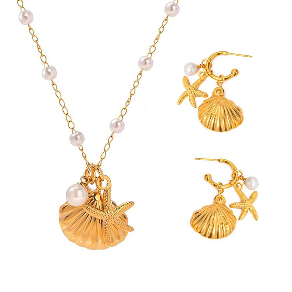 Starfish and Seashell Necklace Stylish Pendant Earrings Gold Sea Theme Jewelry Titanium Steel Texture for Any Occasion