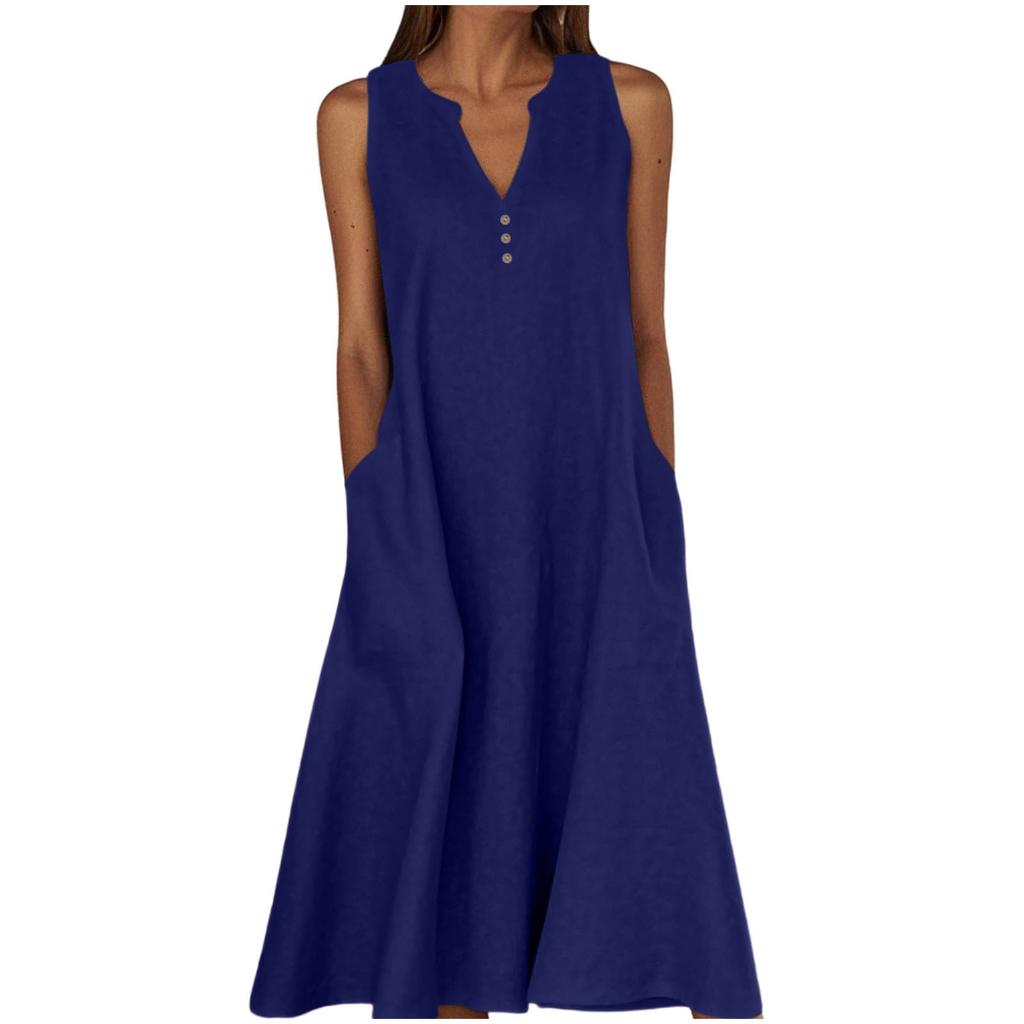 Dame Sommer Casual V-hals Knapper Ensfarget Ermeløs Lang Kjole Med Lommer