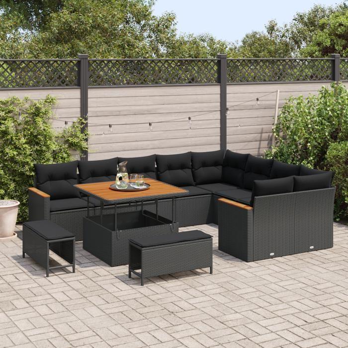 Ensemble de 12 pièces de canapés de jardin avec coussins noir poly rattan acacia 3363074