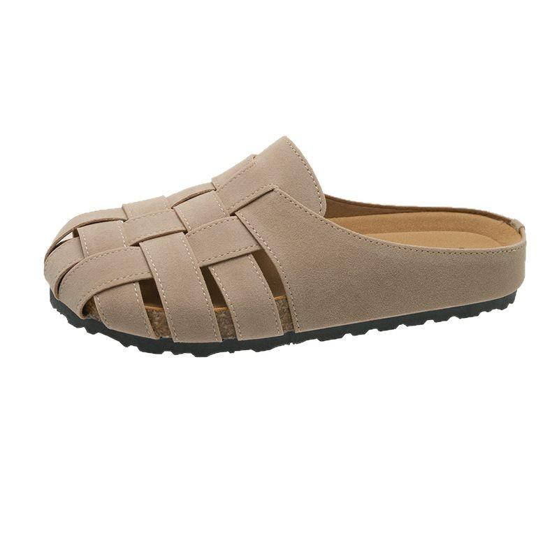 New sandals hollow 2025 flat bottom comfortable breathable retro half slippers women's summer wear lazy bag head weaving