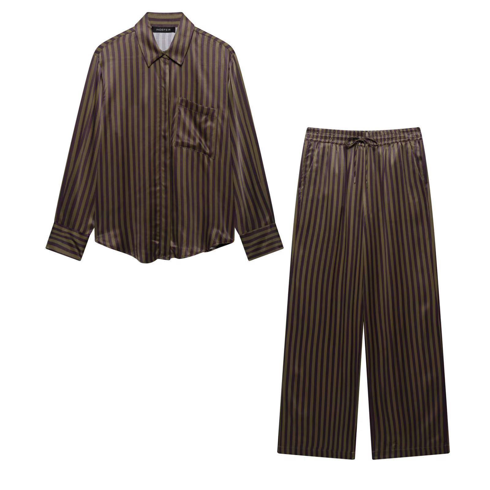 

2025 Spring European & American Women s Silk Satin Shirt & Pants Set M