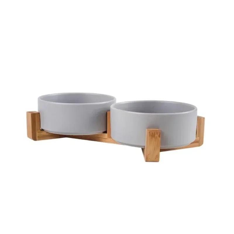 Cat Bowl Ceramic Double Bowl Water Bowl Integrated Wooden Frame Protection Cervical High Foot Dog Bowl Dog Basin Drinking Bowl