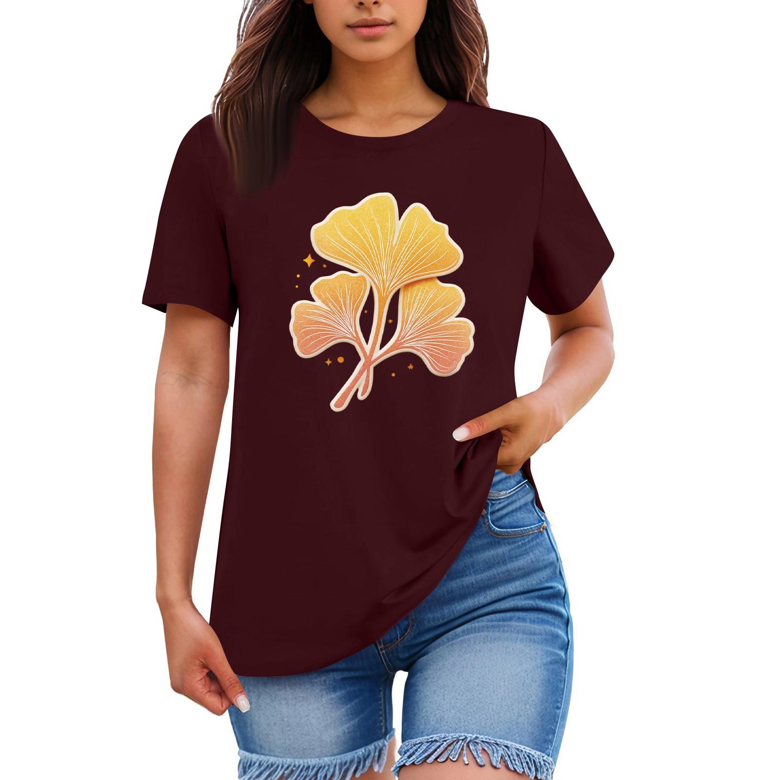 

Ladies Loose Comfortable Casual Fashionable Plant Flower Printed Round Neck Short Sleeved Shirt L винний