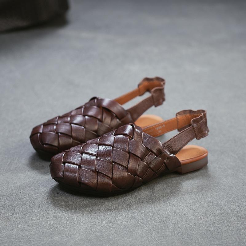 Johnature Ręcznie tkane sandały na płaskiej podeszwie z prawdziwej skóry, z okrągłym noskiem. Codzienne, wszechstronne buty damskie