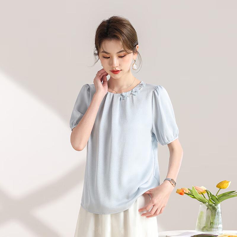 Qianbainian Women's Elegant Loose Fit Puff-Sleeve T-Shirt