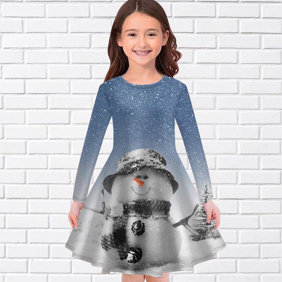 Flicka Ledig Snögubbe Present Tryck Rund Hals Långärmad Klänning Barn Prinsessklänning