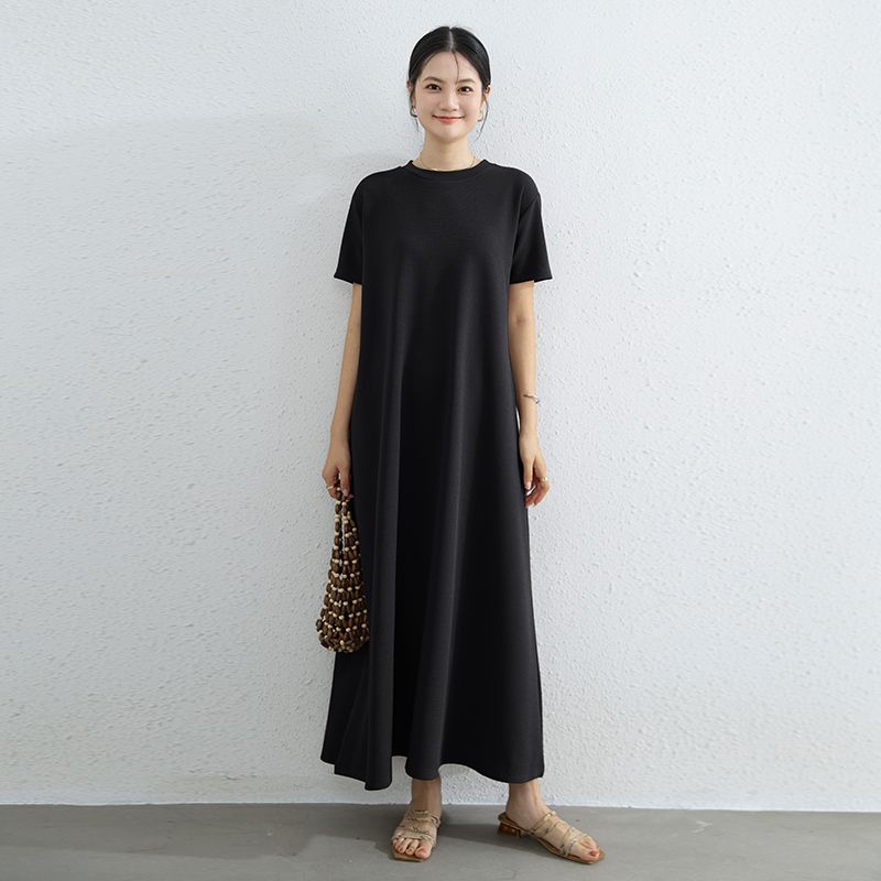 Plus Size Slimming Short Sleeve Dress Round Neck Over the Knee Temperament Long Dress Loose Idle Style Big Hemline Belly Covering Casual Skirts