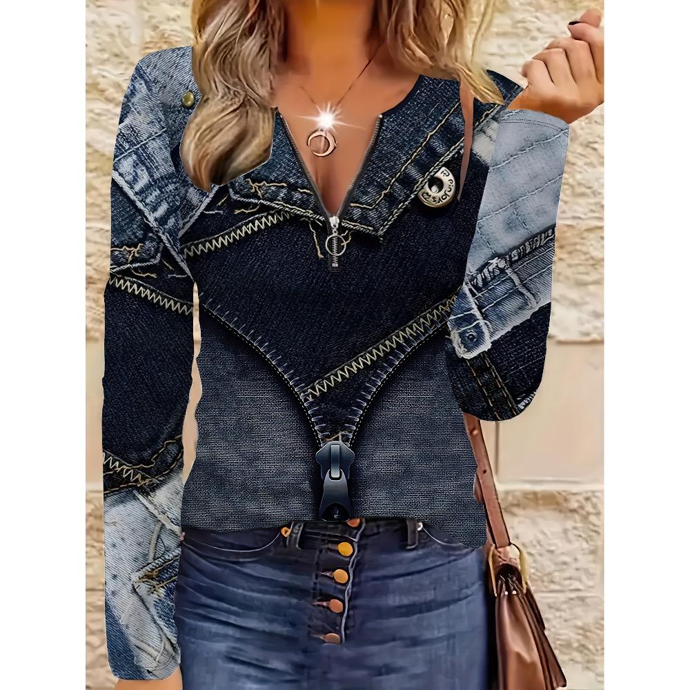 Comfortable Trend Casual Elegant Style Irregular Imitation Denim Element Printed Women's Zipper Long Sleeve