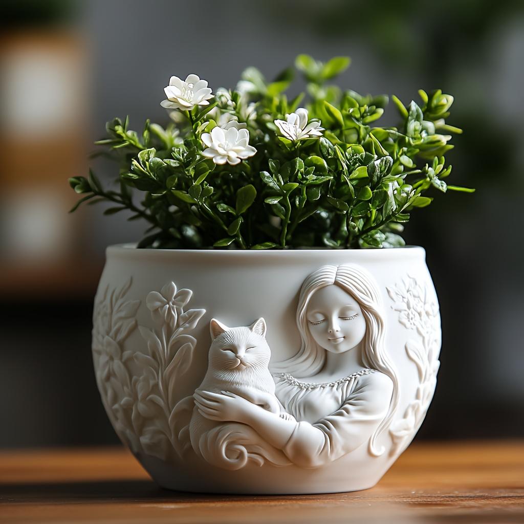 Goddess holding cat relief succulent plant flowerpot resin silicone mold girl and cat relief storage box candle cup gypsum molds