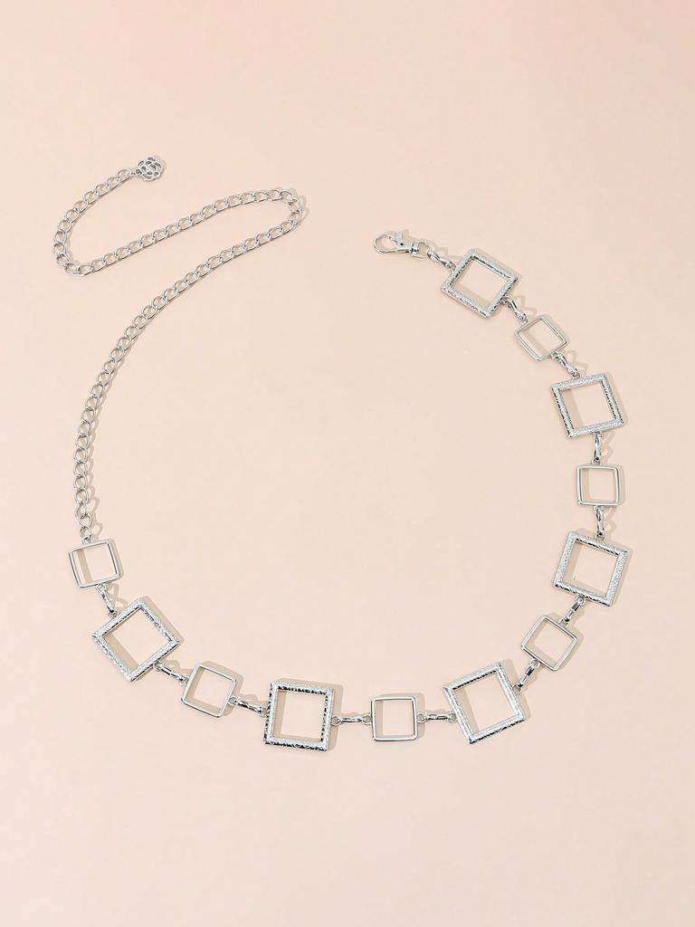 1pc Women's Square Metal Waist Chain, Engraved Hollow Out Belt, Fashion Body Chain for Dresses & Jeans