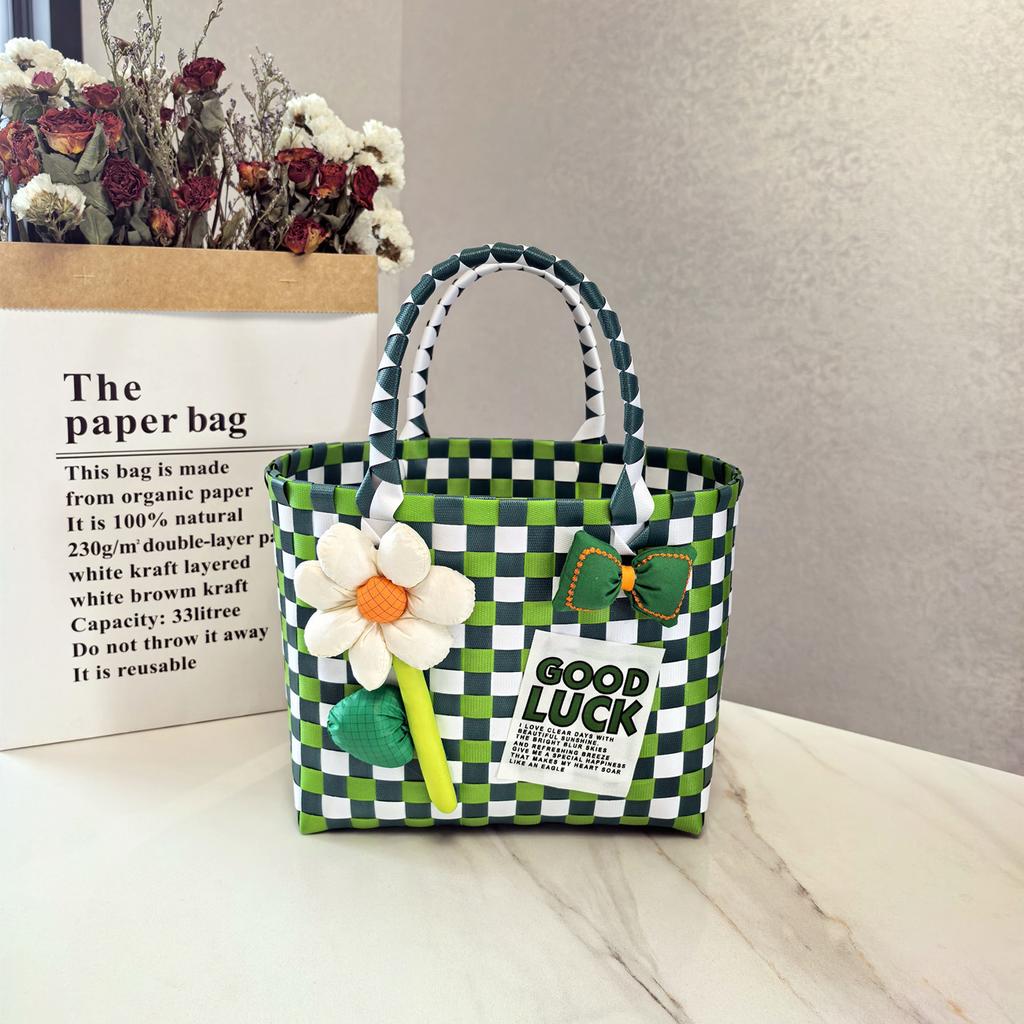 Small Fresh Plastic Woven Handbag Bow Handwoven Bag Wrench Gift Packaging Bag Bow Plastic Woven Bag