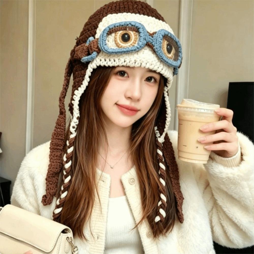 Windproof Knitted Beanie Crocheted Earflap Cap Casual Winter Pilot Hat With Goggles  Cycling