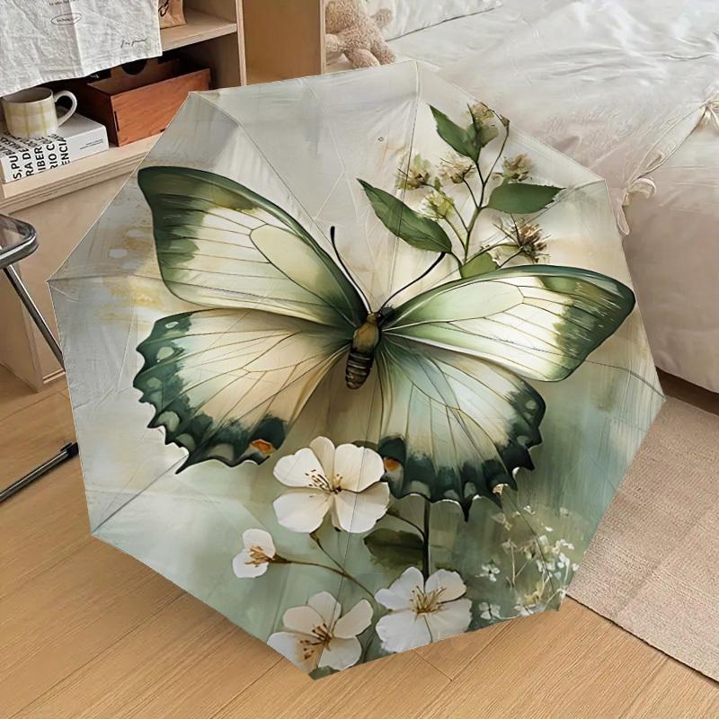 1PC Butterfly White Flowers Automatic Open/Close Umbrella with Windproof, 8-Rib Sturdy Canopy, Durable Ribs, Fashionable Design,1264