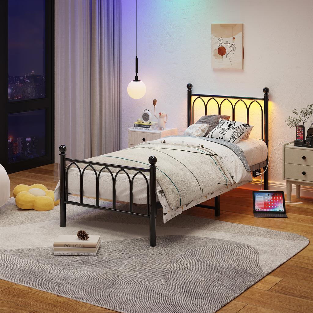 90x200cm Metal Bed Frame with Headboard and Footboard, USB Charging, LED, Steel Slat Support, Under-Bed Storage, No Box Spring Required, Black