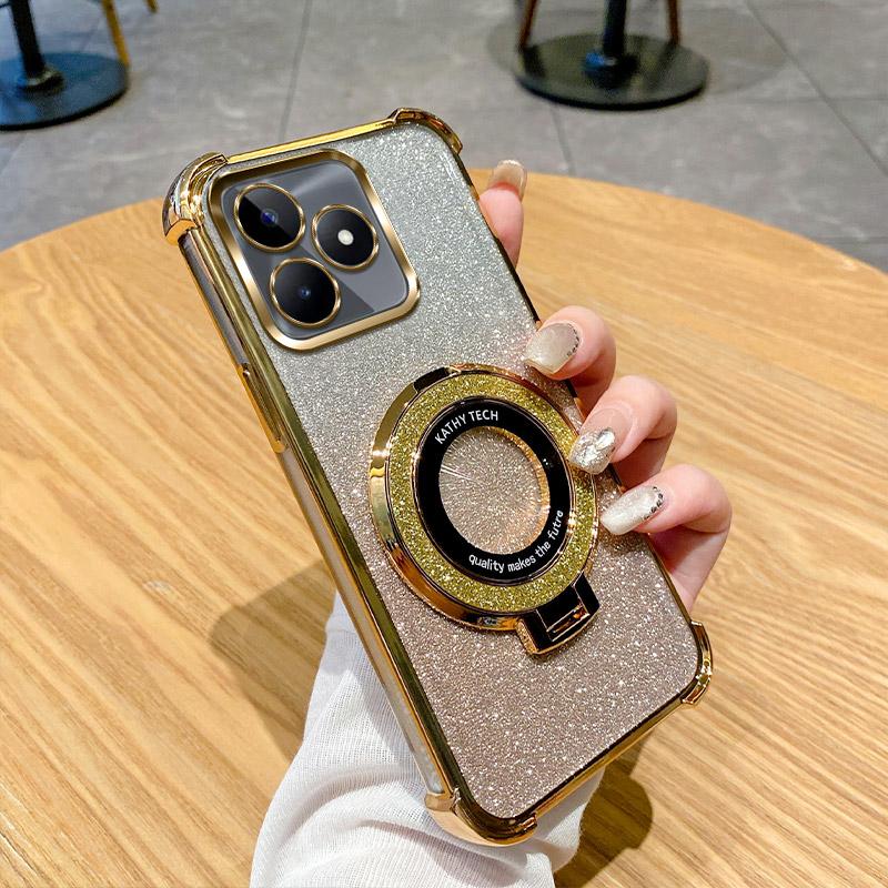 

Противоударный чехол-подставка с кольцом для телефона Realme Note 50 9 13 Pro Plus 9i 5 C63 C61 C55 C53 C51 C35 C33 C31 C30 C20 C11 C3 Мягкая накладка Realme C2 золотой