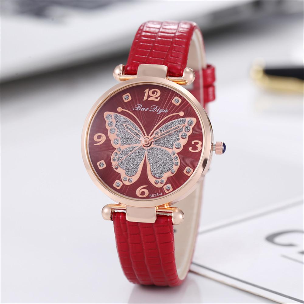 Women Butterfly Rhinestone Dial Quartz Watche Ladies Wristwatche Simple Leather Clock