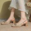 Lychee Pattern Thick Heel Square Head Single Shoes Women's High Heel Medium Heel Sheepskin Back Strap Mary Jane Shoes Sandals