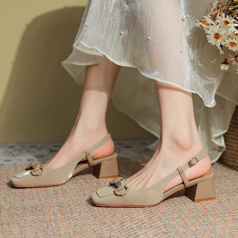 Lychee Pattern Thick Heel Square Head Single Shoes Women's High Heel Medium Heel Sheepskin Back Strap Mary Jane Shoes Sandals