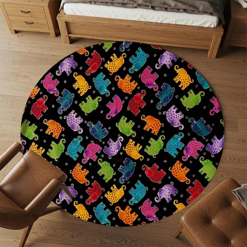 1pc Elephant Colorful Round Chair Mat Area Rug - Non-Slip, Floor Mat for Office, Bedroom, and Indoor Decor -1002247