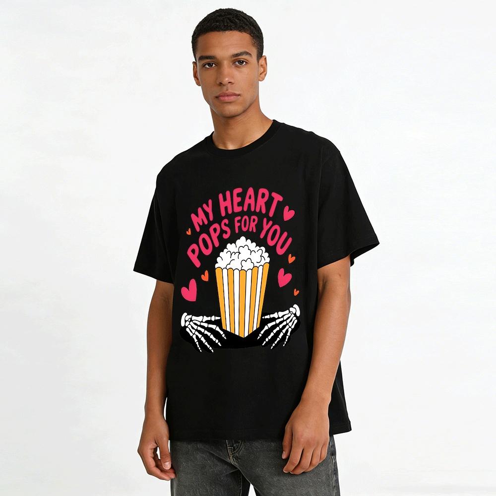 Skelett mit Popcorn Lustiger Geständnis-Druck Paar T-Shirt Reines Baumwoll-T-Shirt