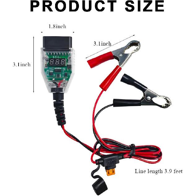 OBD2 Car Memory Saver Protection Connector, 12V Vehicle ECU Emergency Power Supply Cable with 2 Alligator Clips, OBD II Digital Display Automotive