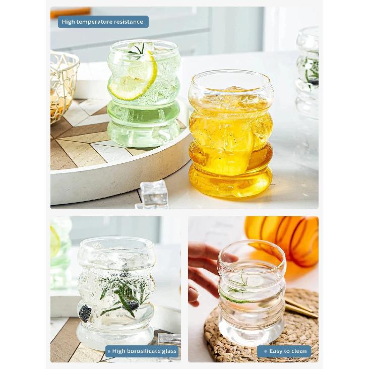Leeseph 4Pcs Creative Glass Cups Coffee Mug Vintage Drinking Glasses Ribbed Glassware Aesthetic Cups with Straws Set