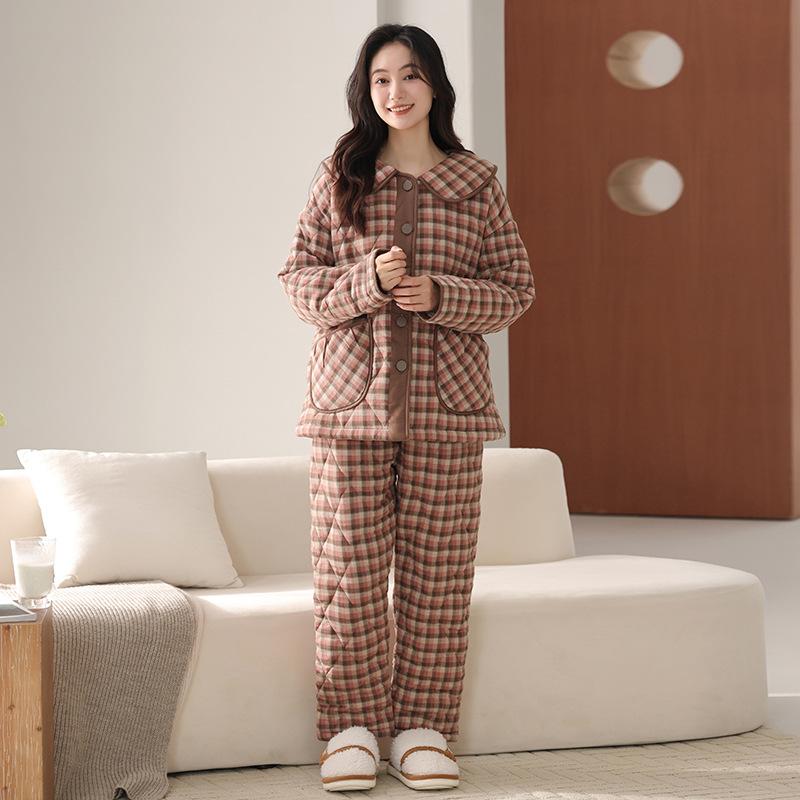 Woven pure cotton three-layer padded thickened pajamas women's winter fleece coral fleece flannel loungewear winter padded jacket