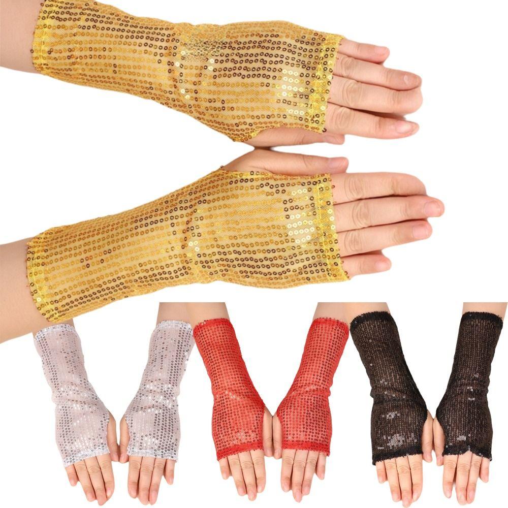 1Pair Fashion Gothic Shining Sequins Gloves Punk Black Gold Red Dancing Gloves Performance Mittens Disco Costume