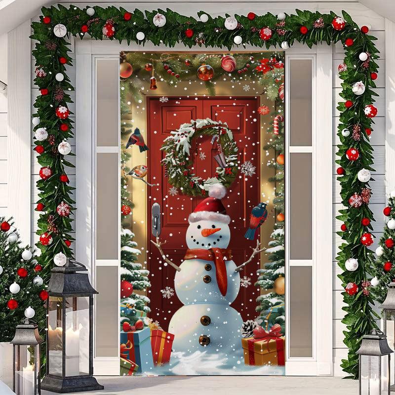 

1 шт. Баннер-накидка на дверь «Счастливого Рождества» из полиэстера с рисунком снеговика и елки для рождественского сочельника, новогодней праздничной вечеринки, декора для входной двери, дома, стены 90*200cm