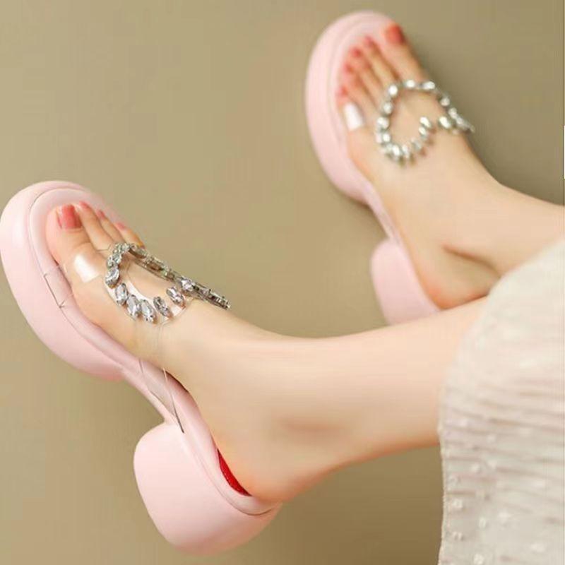 

Summer new thick-bottomed medium-heeled slippers wear Korean version of rhinestones peach heart transparent PVC sequins thick high-heeled one-word 40 рожевий