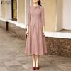 ZANZEA Women Casual Round Neck Solid Color 3/4 Sleeve Midi Dress