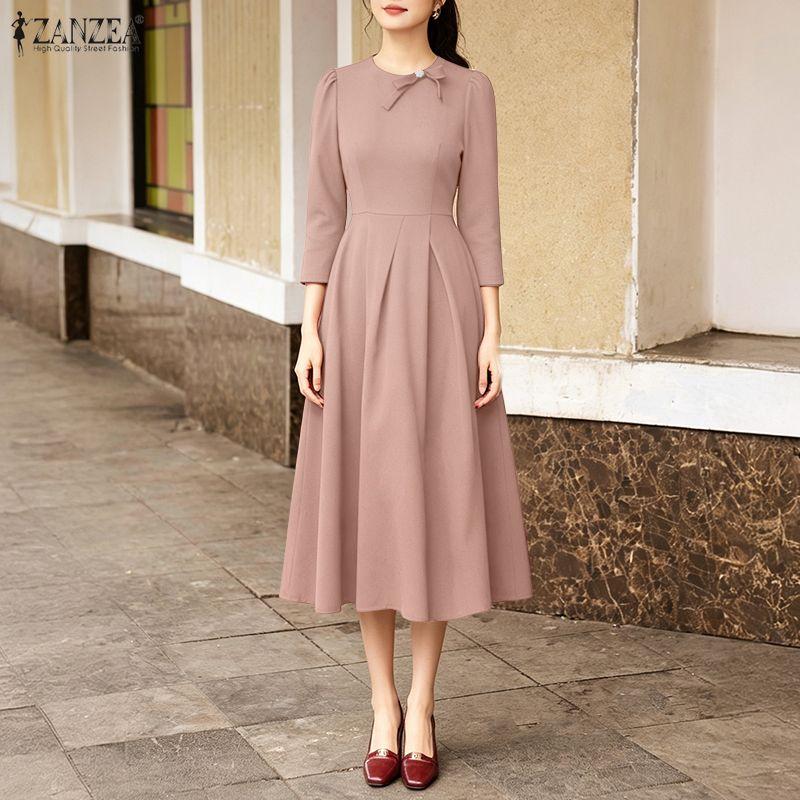 ZANZEA Women Casual Round Neck Solid Color 3/4 Sleeve Midi Dress