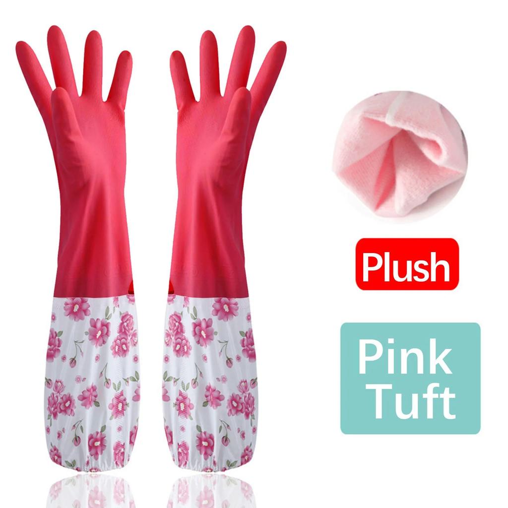 Clean Floral Gloves – Extra Long Rubber Dishwashing Gloves With Velvet For Women, Non- Kitchen/Car Wash/Pet Care (Heat Resistant & Stylish).