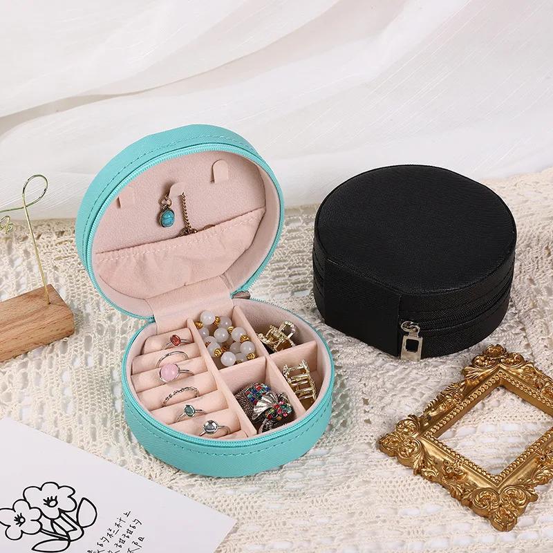 Portable Round Jewelry Box Necklace and Earring Storage Case Travel Jewelry Case PU Leather Display Box
