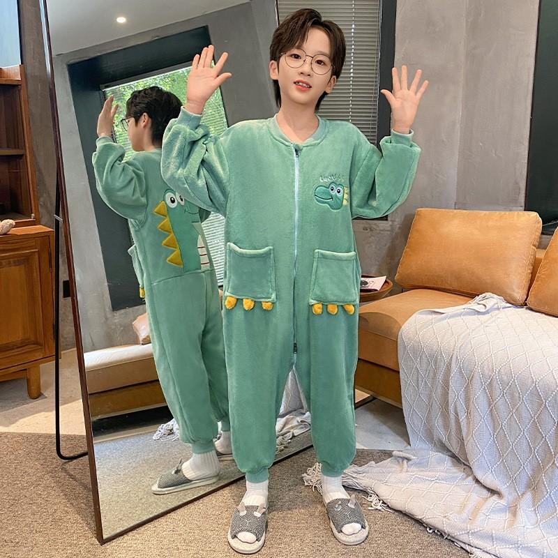 Boys Warm Fleece Pajama Set One-Piece Sleepwear Kids 8 Years Cartoon Print Thick Coral Home Suit