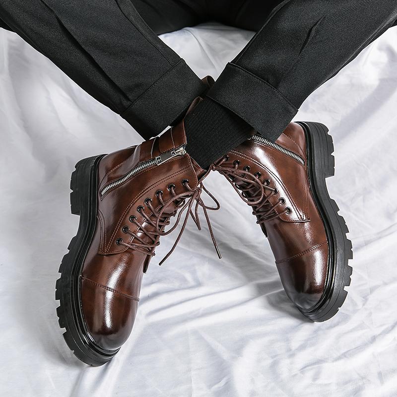 Winter Waterproof Leather Brown Motorcycle Boots Men's Vintage Bicycle Boots Anti Slip Cafe Business Work Outdoors Combat Boots